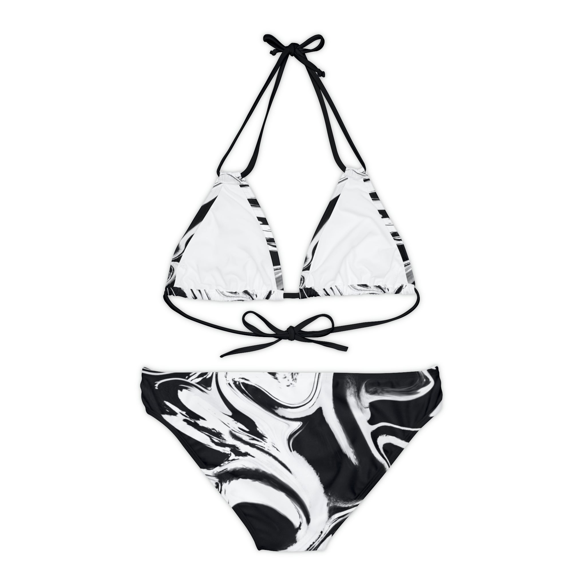 Women's Marble Print Strappy Bikini Set, Black and White