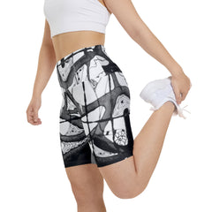Black and White Ink Blot Women's High-Waisted Yoga Shorts, Gymwear, Fitness Apparel, Summer Style, Versatile Exercise Wear