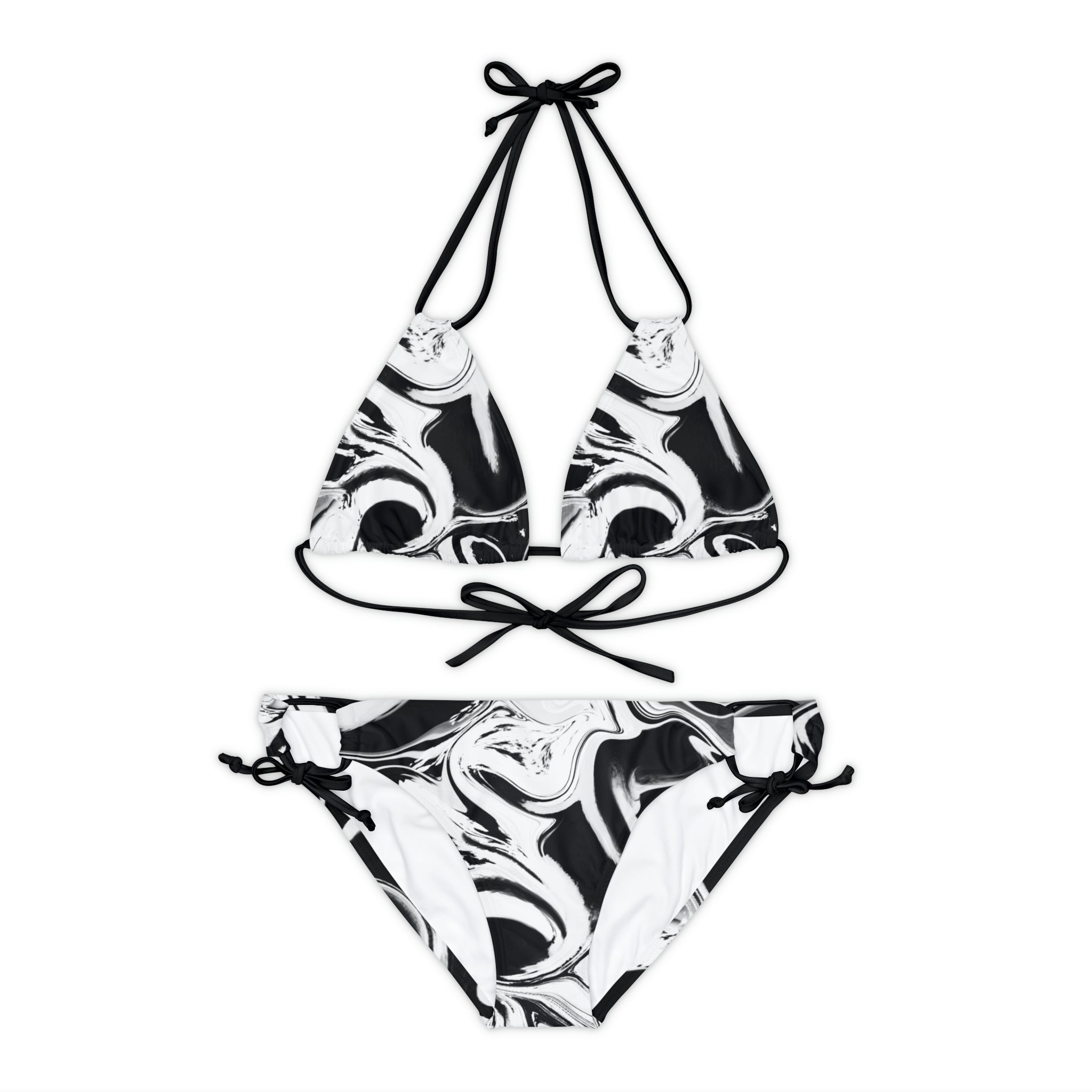 Women's Marble Print Strappy Bikini Set, Black and White