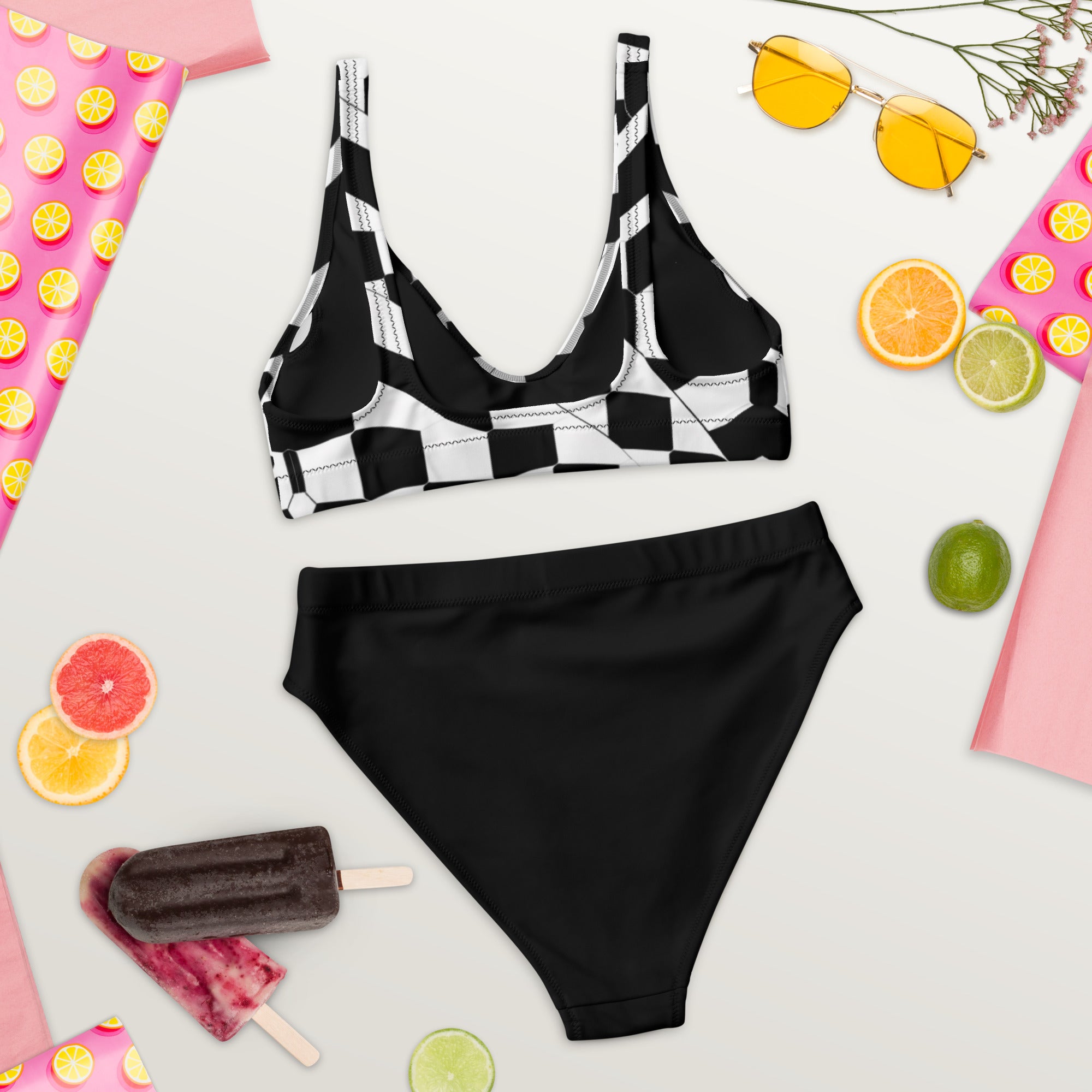 Checkered High-Waisted Bikini Top and Standard Bottom Set, Black and White