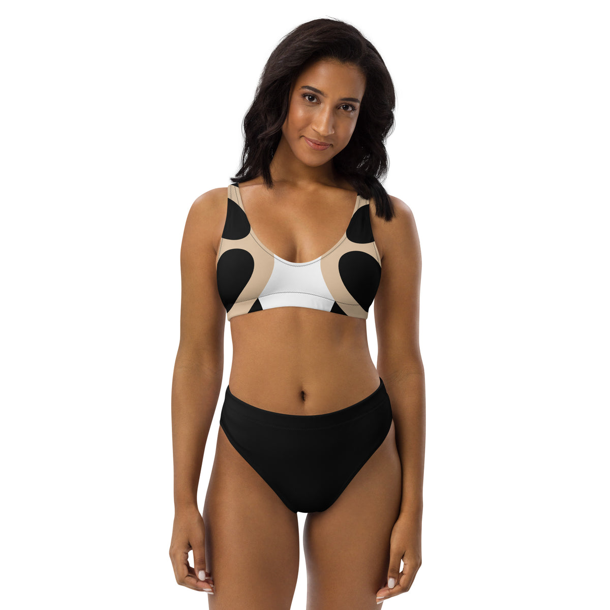 Butterfly High-waisted Bikini Set, Black, Beige, and White