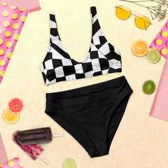 Checkered High-Waisted Bikini Top and Standard Bottom Set, Black and White