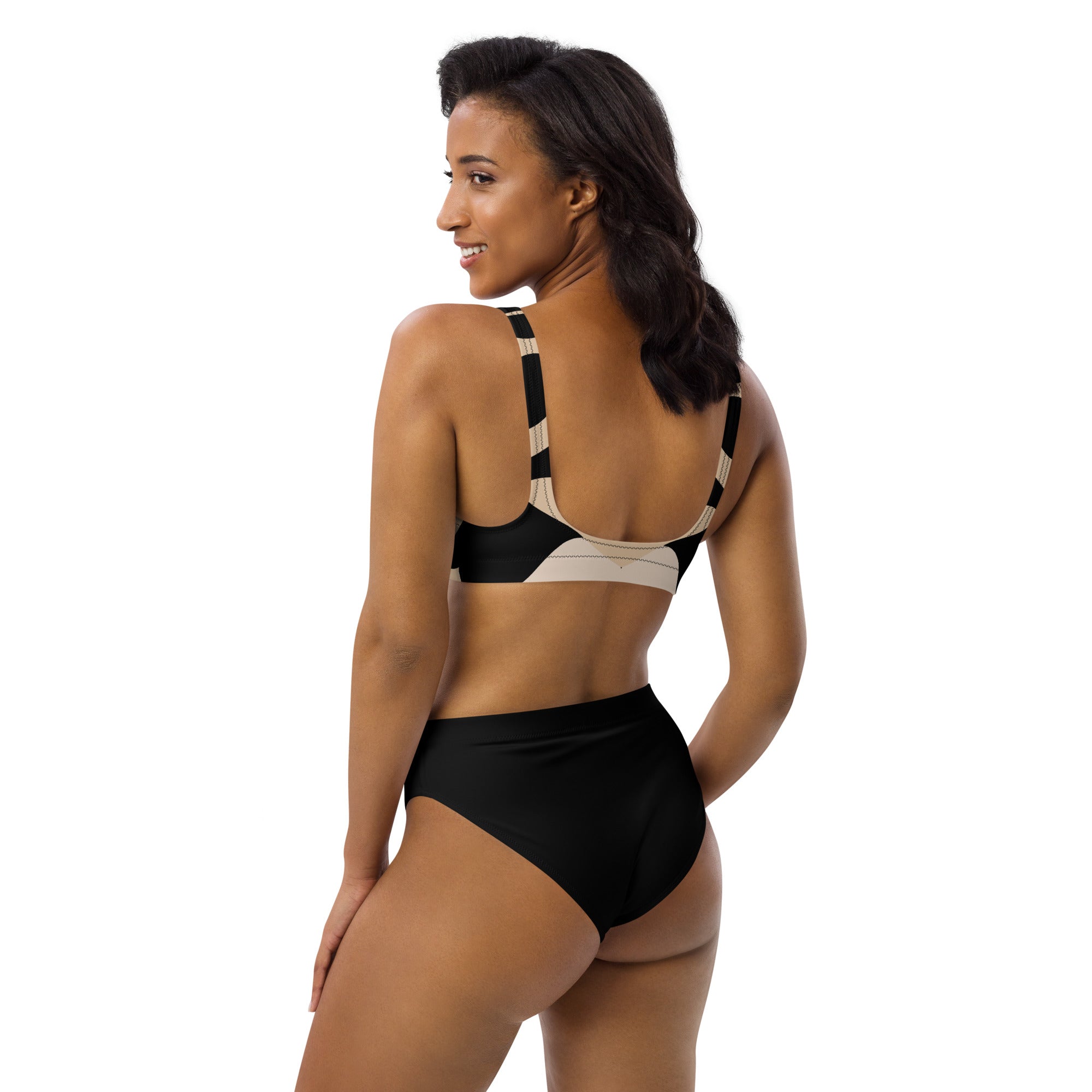 Butterfly High-waisted Bikini Set, Black, Beige, and White