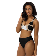 Butterfly High-waisted Bikini Set, Black, Beige, and White